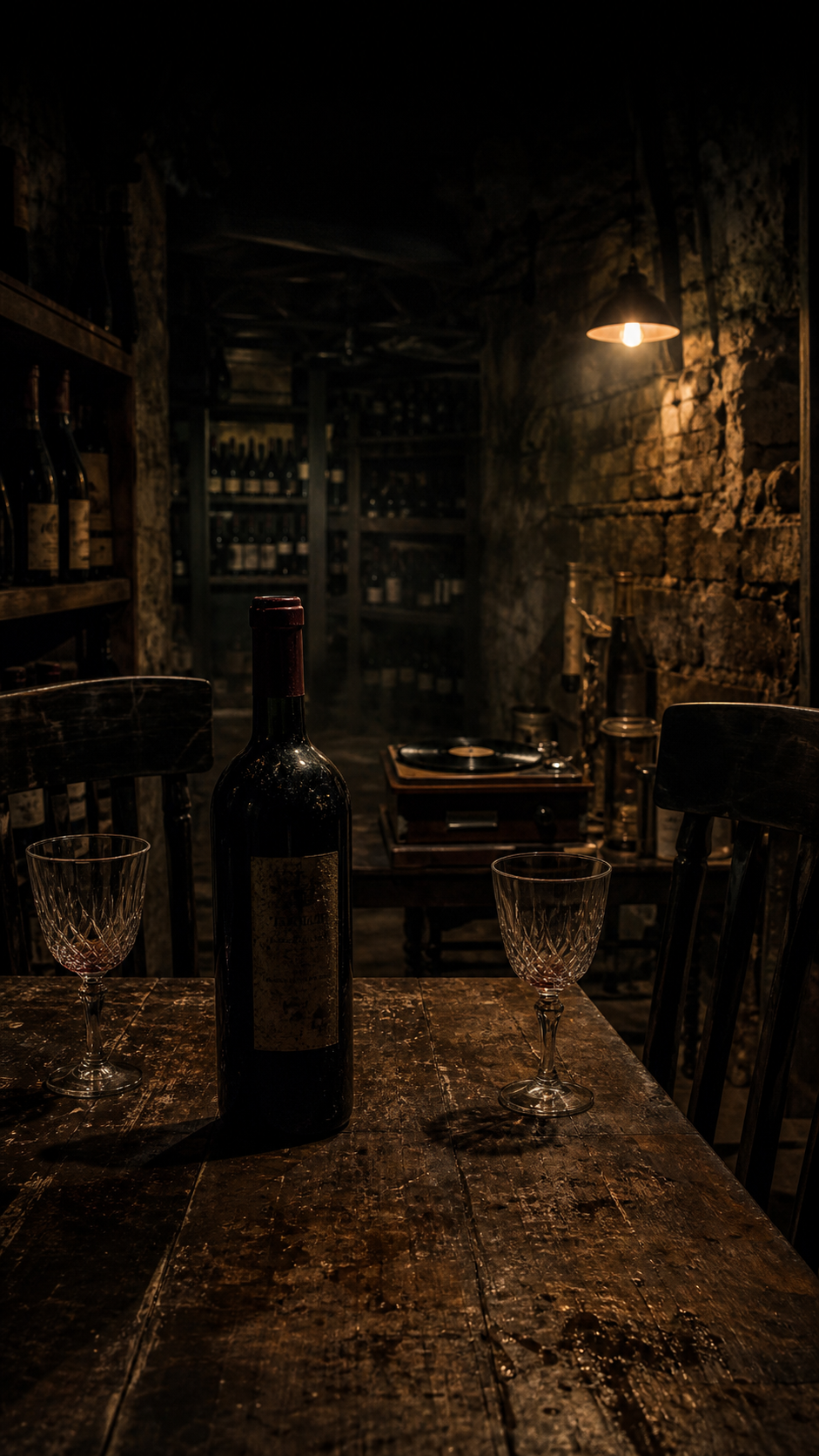 Fotograma conceptual de Alma: una bodega oscura, dos copas y una presencia invisible